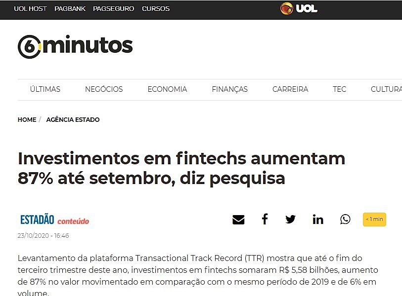 Investimentos em fintechs aumentam 87% at setembro, diz pesquisa